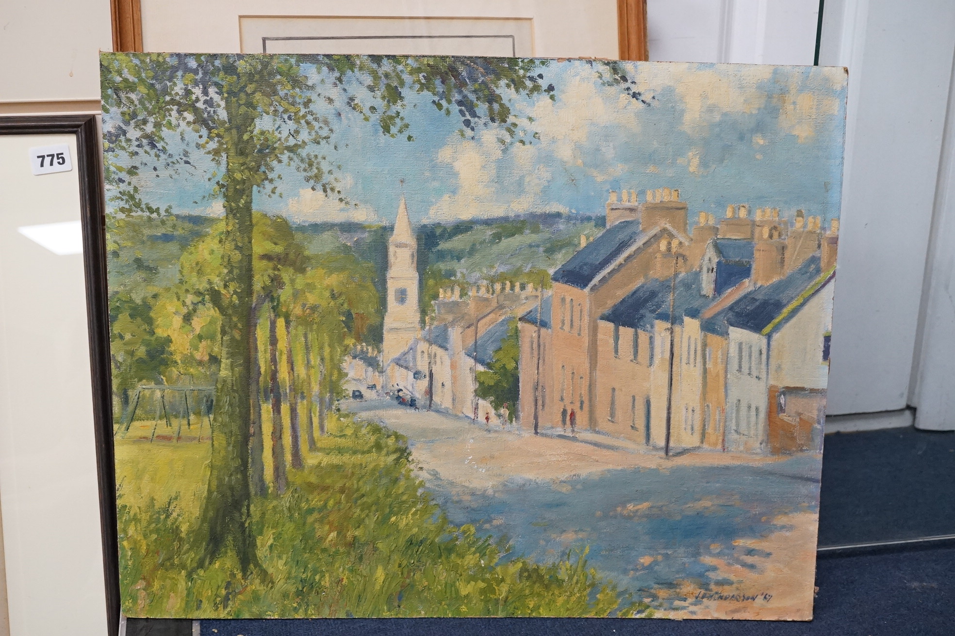 J. Henderson, mid century oil on board, street scene, signed and dated ‘67, unframed. Condition - fair